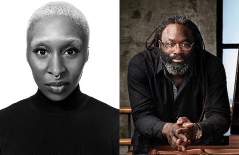 Cynthia Erivo (left) headshot in black and white, and Awadagin Pratt right) in black long sleeve shirt