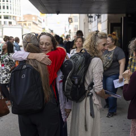 Faculty and staff gather outside the Berklee Performance Center as part of Opening Day