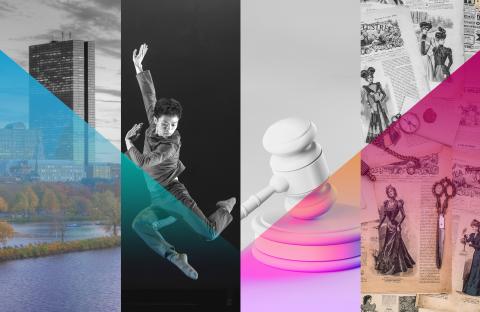 Four image lockup of a Boston building, a dancer leaping in the air, a white gavel, and newspaper of victorian era women in dresses with a pink and blue hue over the collage.
