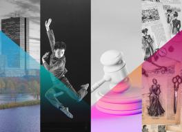 Four image lockup of a Boston building, a dancer leaping in the air, a white gavel, and newspaper of victorian era women in dresses with a pink and blue hue over the collage.