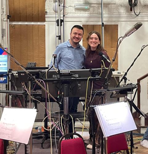 Faculty member Sergio Jiménez Lacima and alumna Lucía Vázquez Montenegro MM ’20 at Abbey Road Studios