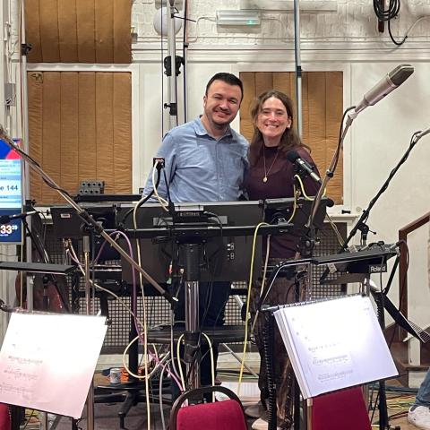 Faculty member Sergio Jiménez Lacima and alumna Lucía Vázquez Montenegro MM ’20 at Abbey Road Studios