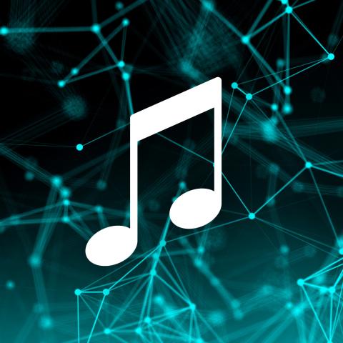 A graphic with a white music note on a turquoise and black background.