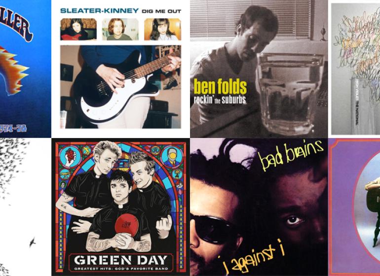 Collage of album art from the songs featured in the dad rock playlist