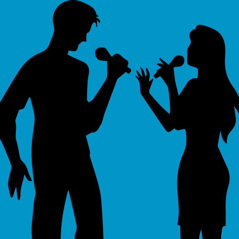 Two silhouettes singing into microphones with a blue background.