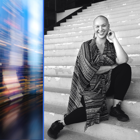 Left: Blue and white flashing light and right side: Black and white photo of Melanie Bacaling smiling and sitting on a staircase