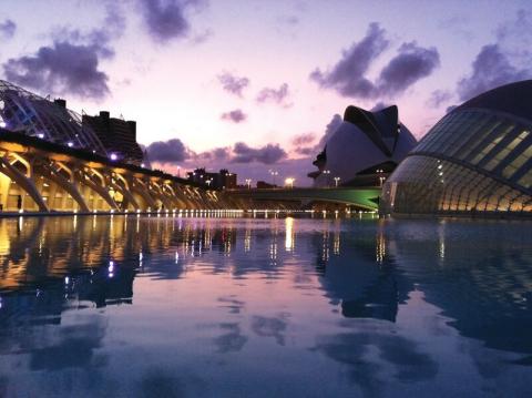 Exterior view of the Berklee campus in Valencia, Spain, at dusk.