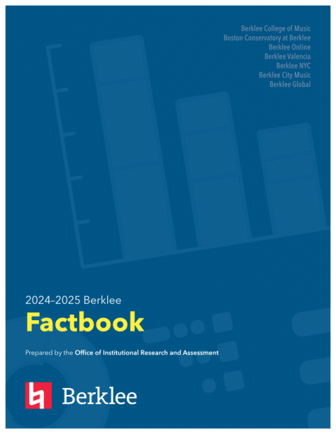 Cover of the 2024-2025 Berklee Factbook. Blue background with a superimposed chart