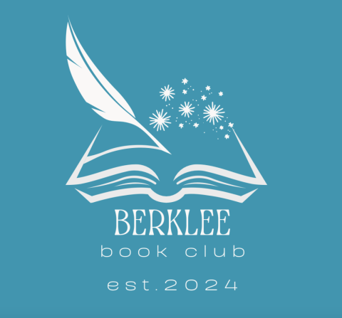 Teal background, with a book club wording in white