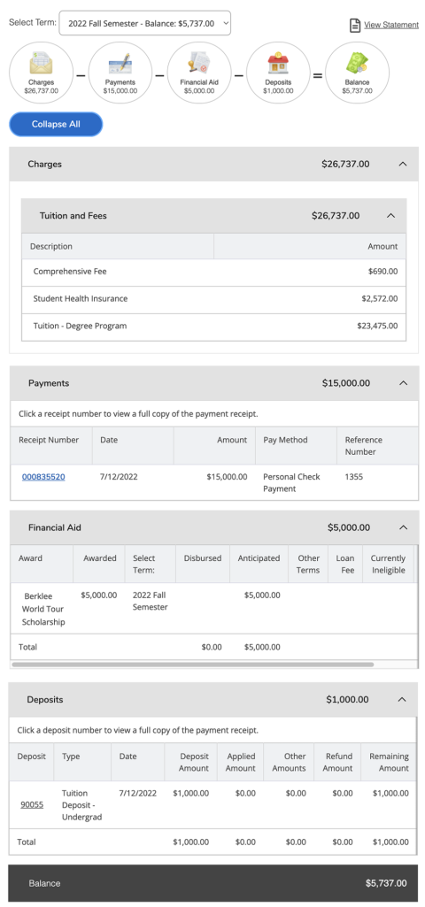 expanded view of account activity