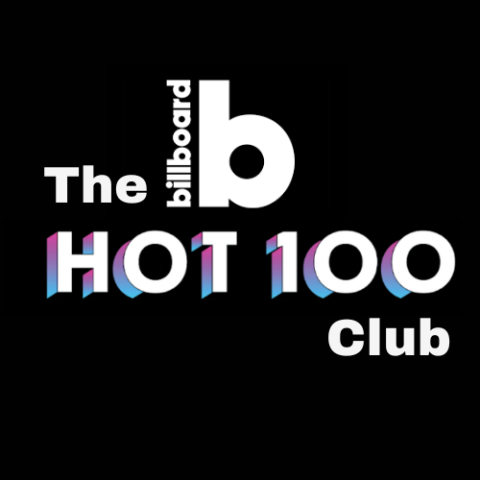 Billboard Hot 100 Clubs Logo, a black square with the words The Hot 100 Club and Billboards music logo