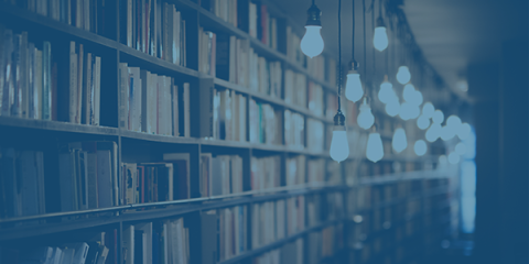 Books on a bookshelf with edison bulbs dangling from wires