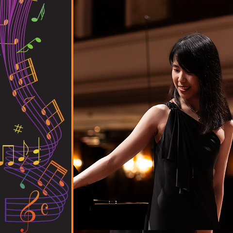 Kate Lu in concert black standing by a piano, with a music note graphic to the left of the image.