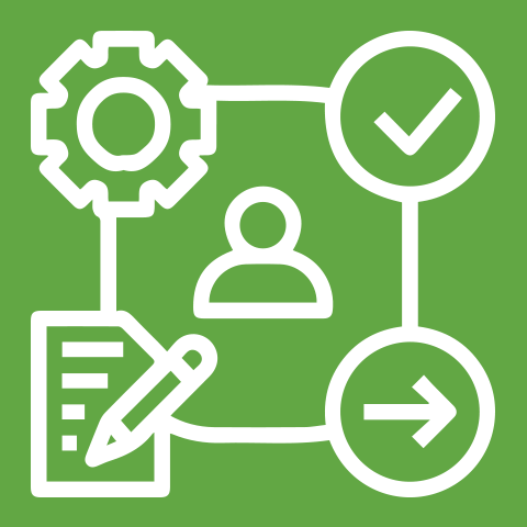 Professional development icon with a person, a notepad, and a pencil. 