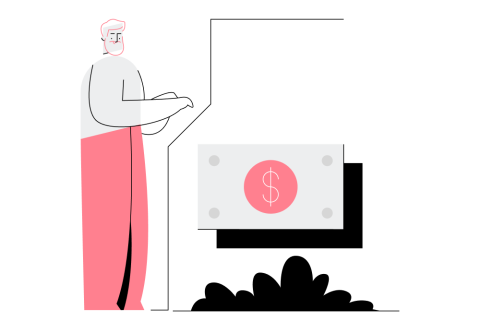 Illustration of a man interacting with an ATM.