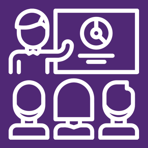 Icon featuring person presenting a slide in front of several students