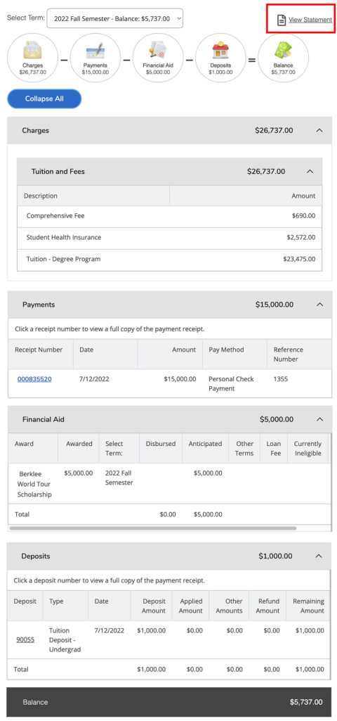 account activity with view statement link highlighted