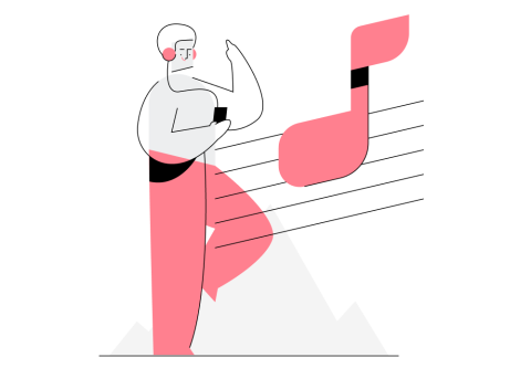 Illustration of a lady singing in front of music notes